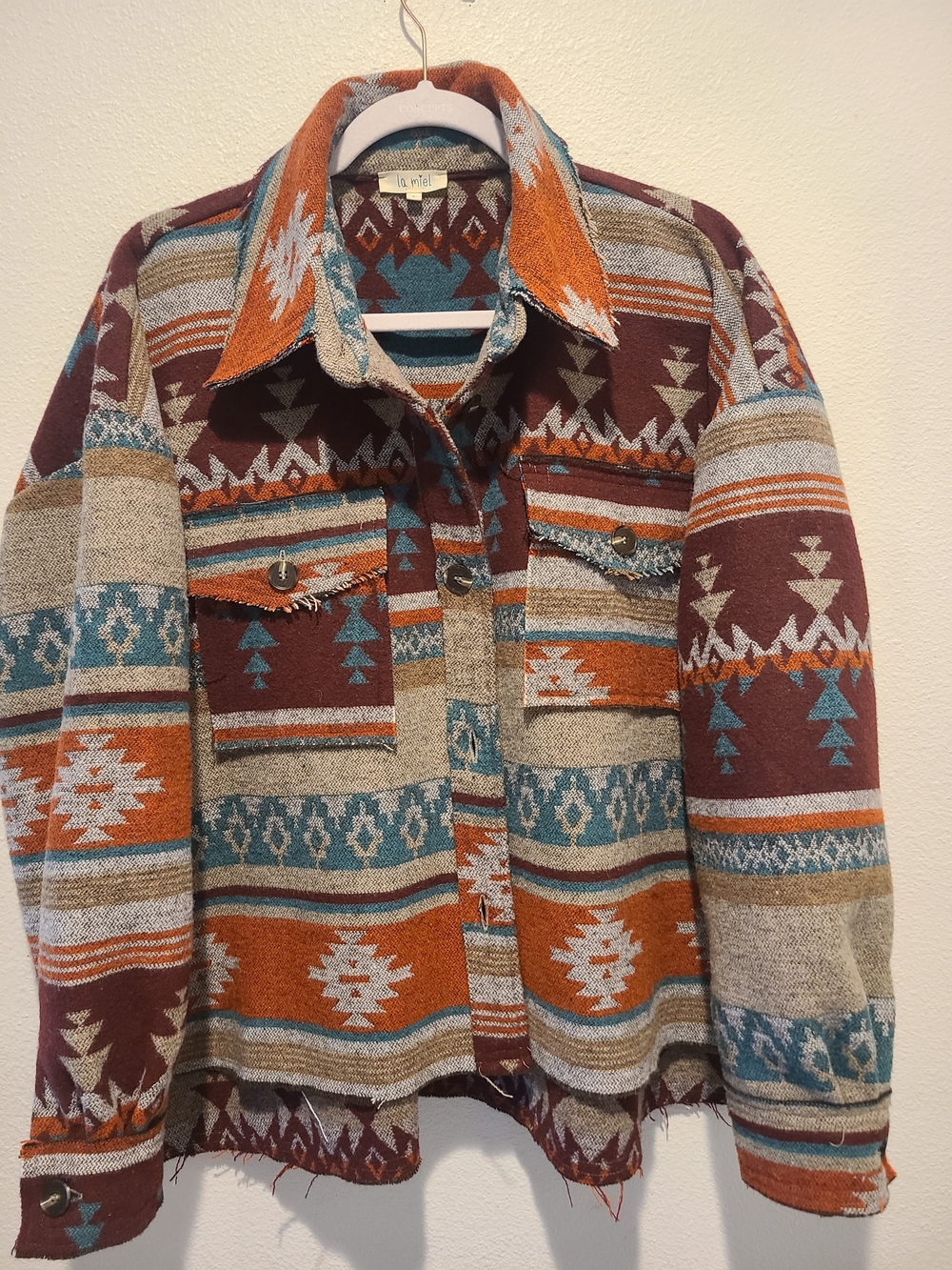LA MIEL Aztec-Pattern Jean Jacket in Rust, Teal & Cream